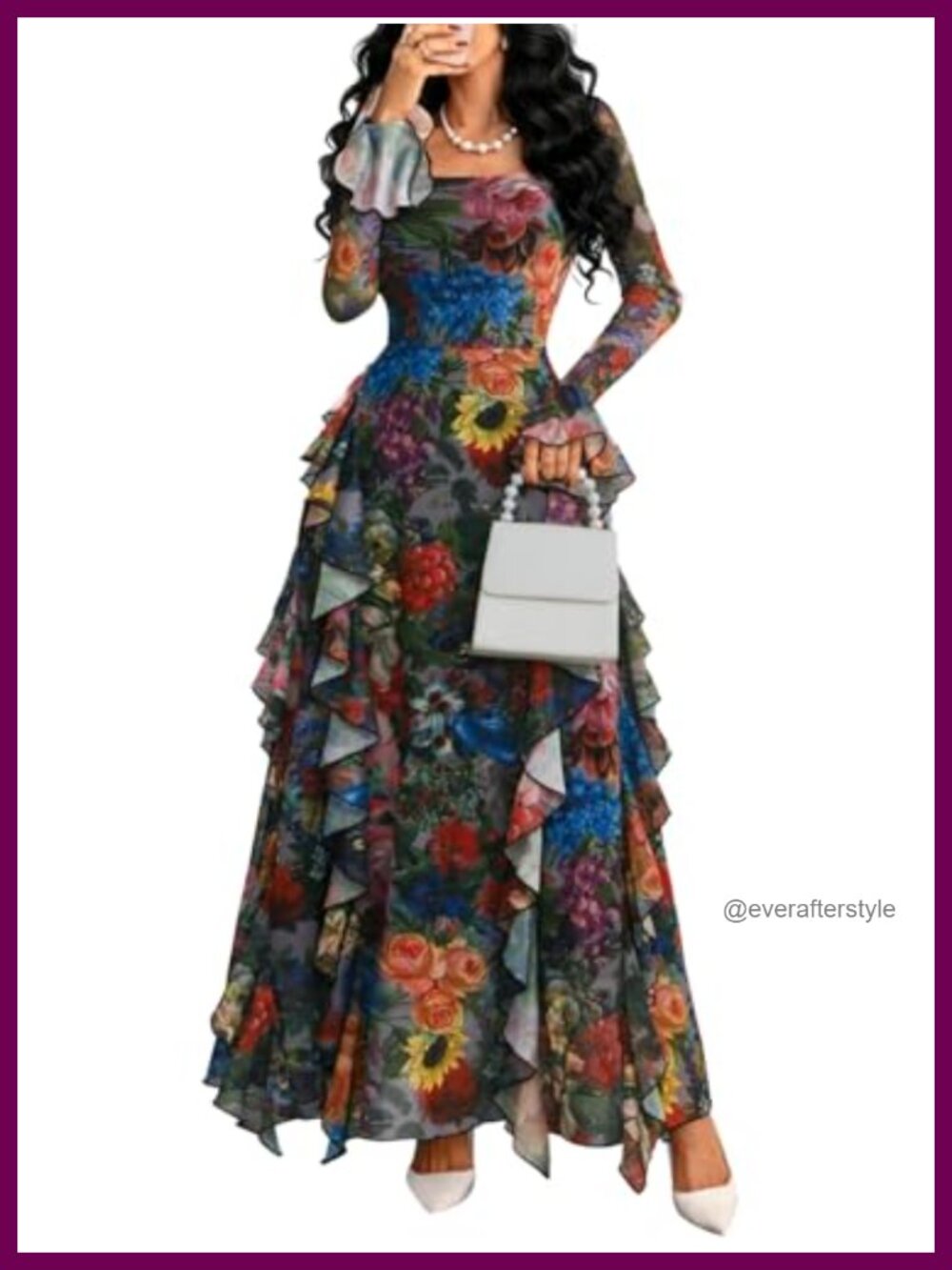 Women's Floral Maxi Dress Long Sleeve Square Neck Ruffle